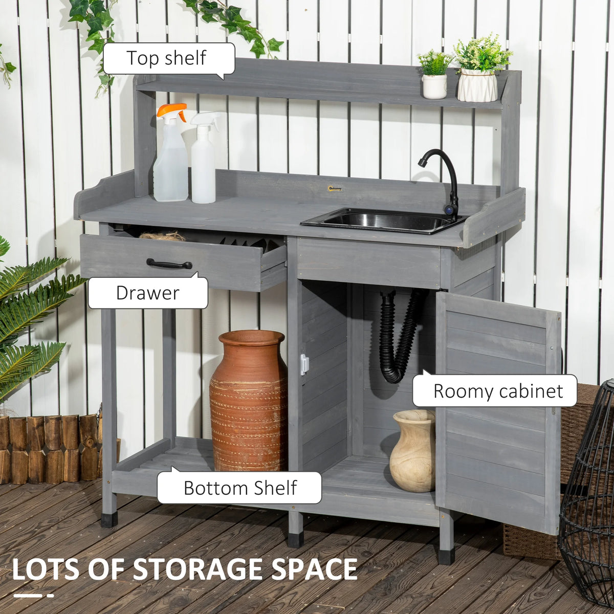 Outsunny Potting Bench Prep Table with Faucet, Sink, and Storage, Gray
