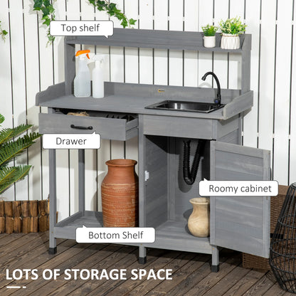 Outsunny Potting Bench Prep Table with Faucet, Sink, and Storage, Gray