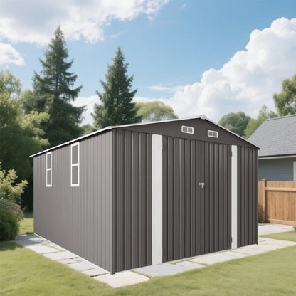 10 x 8 FT Outdoor Storage Shed, Large Metal Storage Shed, Lockable Door and Air Vent, Clear Window Garden Tool Shed for Bicycles, Tools, Lawnmowers, Backyards, Patios, Lawns - Gray