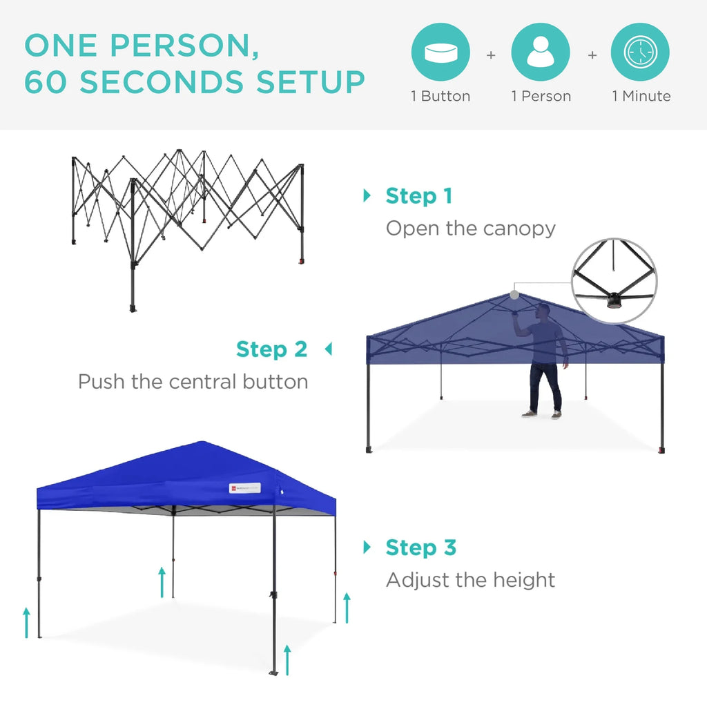 Best Choice Products 12x12ft Easy Setup Pop Up Canopy w/ 1-Button Setup, Wheeled Case, 4 Weight Bags - Navy Blue
