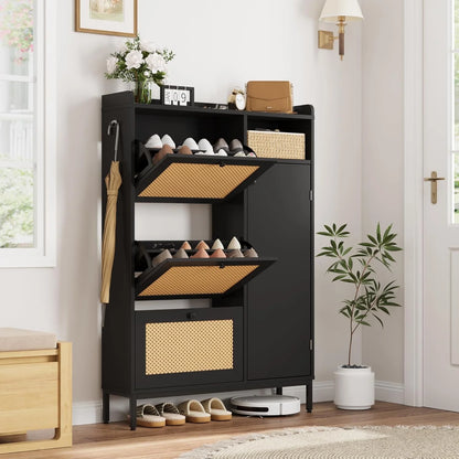 Garvee Rattan Shoe Storage Cabinet with Doors and 3 Flip Drawers, Freestanding Organizer with Adjustable Shelves for Entryway, Narrow Shoe Rack Cabinet for Hallway, Easy Assembly, Oak Color