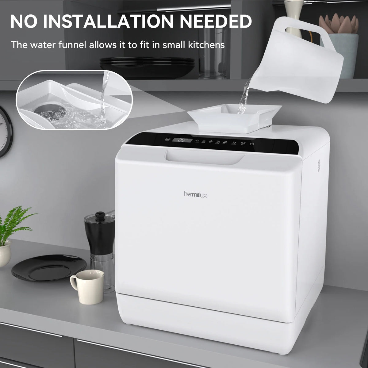 Hermitlux Portable Countertop Dishwasher, 5 Washing Programs, 5L Built-in Water Tank and Air-Dry Function, HMX-DW03