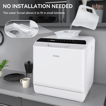 Hermitlux Portable Countertop Dishwasher, 5 Washing Programs, 5L Built-in Water Tank and Air-Dry Function, HMX-DW03