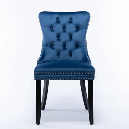 Elegant Button Tufted Dining Chairs, High-end Velvet Upholstered Dining Chairs with Nailhead Back and Ring Pull Trim, Solid Wood Dining Chairs for Kitchen Bedroom Dining Room (Blue,Set of 4)