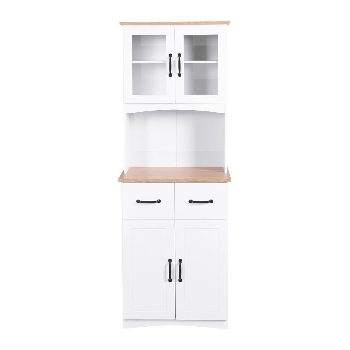 Clearance! Wooden Kitchen Cabinet White Pantry Room Storage Microwave Cabinet with Framed Glass Doors and Drawer