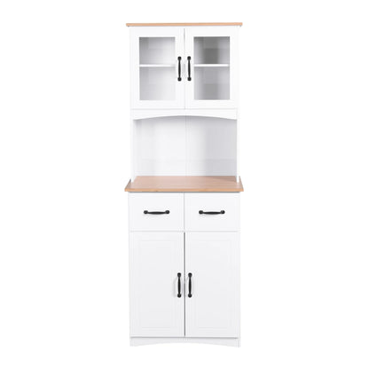 Clearance! Wooden Kitchen Cabinet White Pantry Room Storage Microwave Cabinet with Framed Glass Doors and Drawer