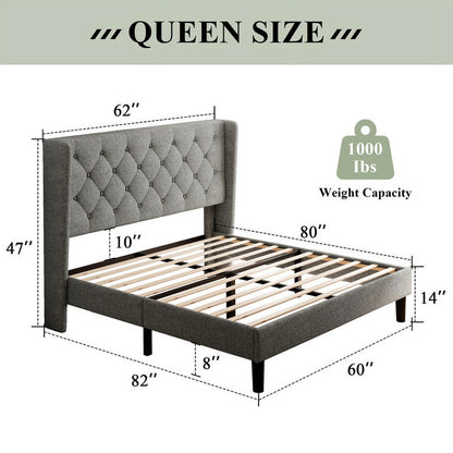 iPormis Full Size Bed Frame with Diamond Button Tufted Wingback Headboard, Upholstered Platform Bed Frame with Strong Wood Slat Support, No Box Spring Needed,Black