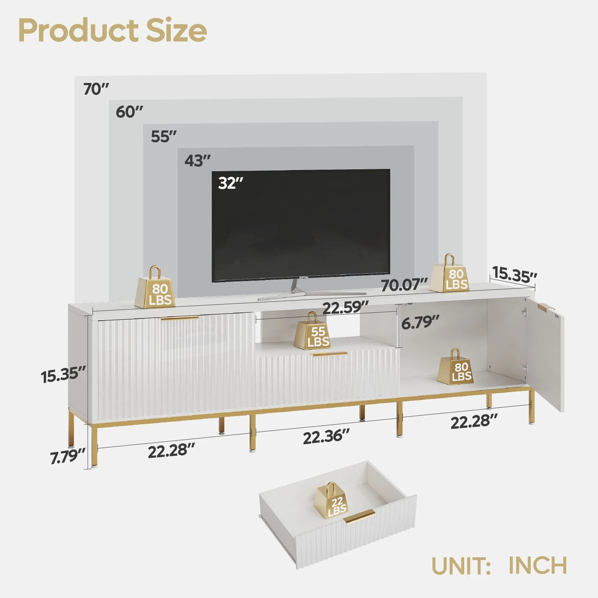 Bestier 55" LED TV Stand for TVs up to 60" Modern High Gloss Entertainment Center with Drawers Cabinets Fluted TV Console, White & Gold