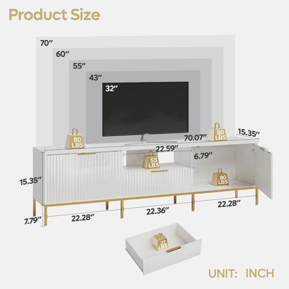 Bestier 55" LED TV Stand for TVs up to 60" Modern High Gloss Entertainment Center with Drawers Cabinets Fluted TV Console, White & Gold