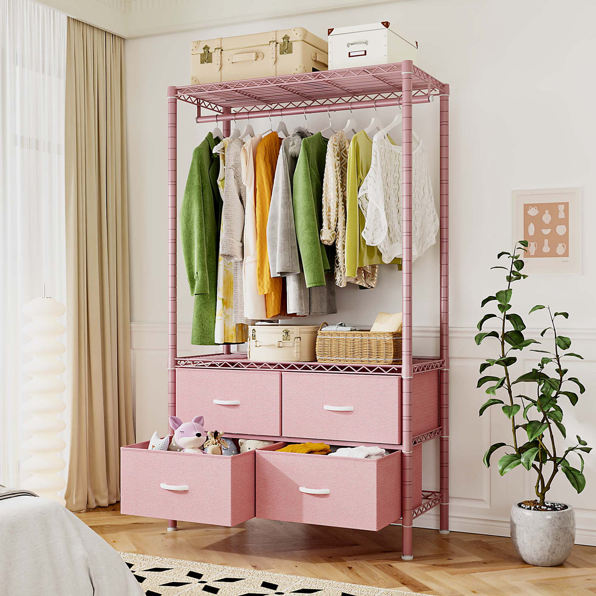 71" H Clothes Rack with Fabric Drawers, Freestanding Garment Rack with Metal Wire Shelf, Pink