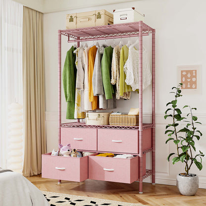 71" H Clothes Rack with Fabric Drawers, Freestanding Garment Rack with Metal Wire Shelf, Pink