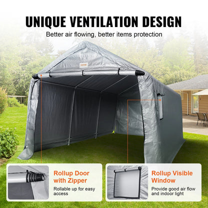 10x15x8ft Heavy Duty Portable Garage Tent Canopy Carport with Roll-up Zipper Door & Ventilated Windows for Car, Motorcycle, Bike, Outdoor Storage