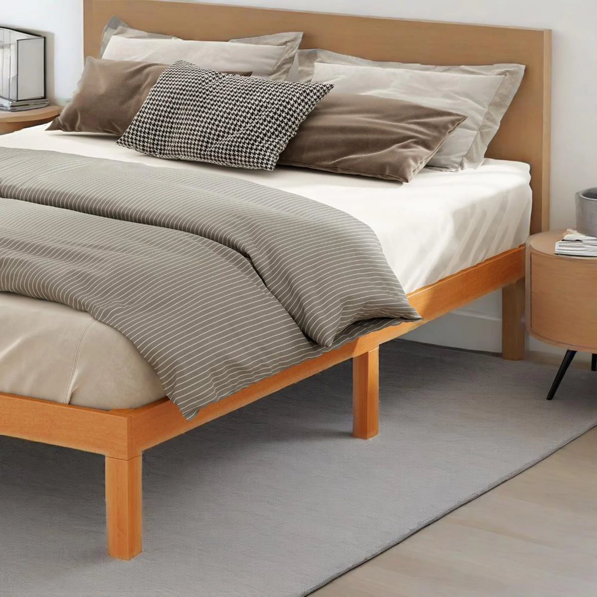 MCQ Full Size Wood Bed Frame, 12in Wooden Platform Bed Frame with Support Slats, No Spring Needed, Storage Space Under Base, Natural Pine