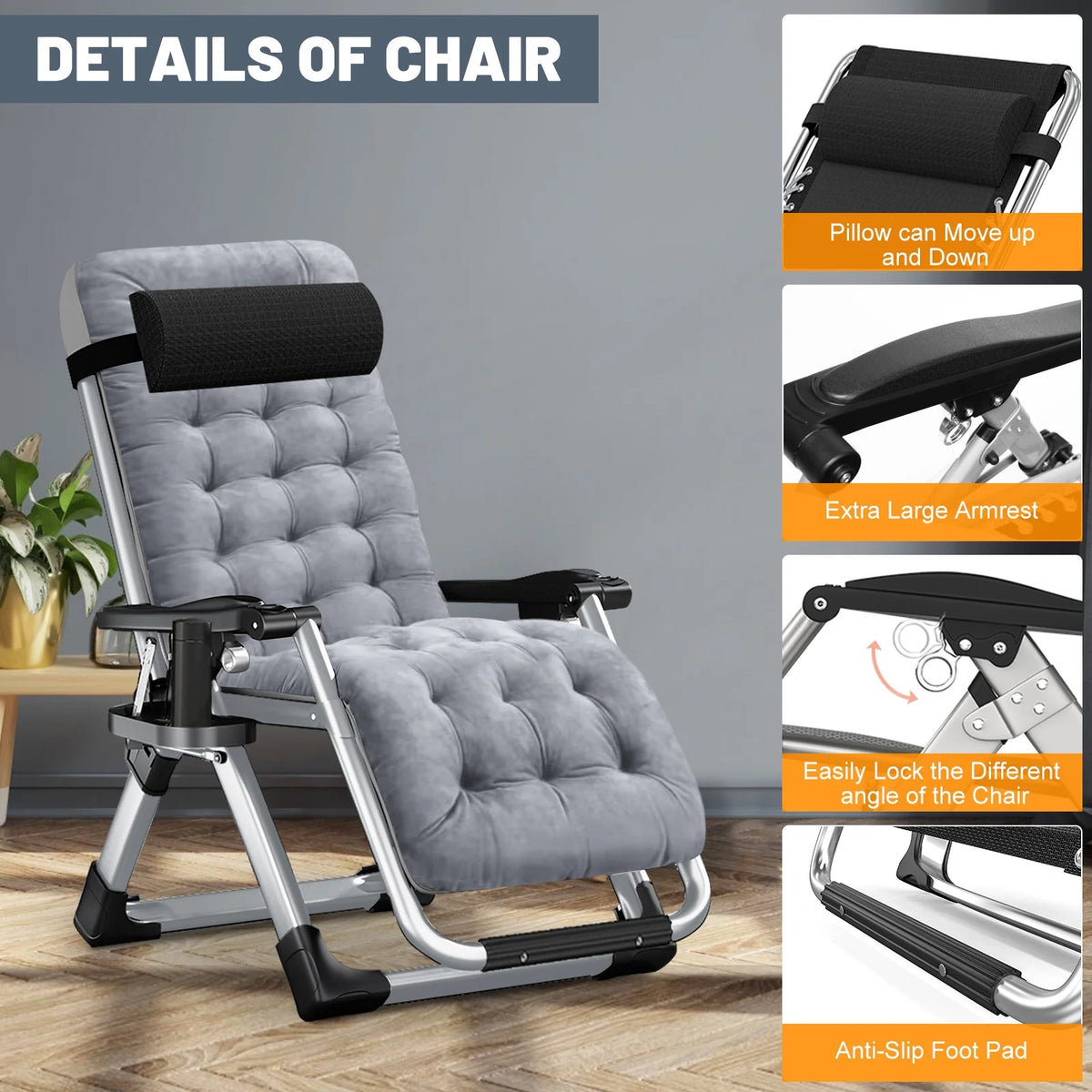 NAIZEA Zero Gravity Chair with Removable Cushion and Cup Holder Black