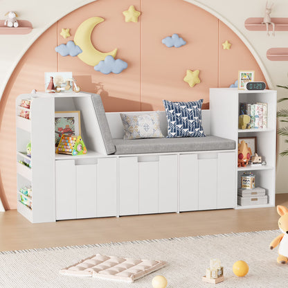 Homfa 4-in-1 Kids Toy Storage Cabinet, Bookshelf with 3 Drawers, Sturdy Toy Organizer with Reading Nook for Kids Room Playroom, Gray