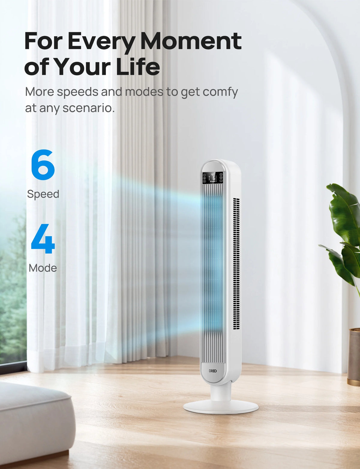 Dreo Tower Fan for Home, 42" Standing Fan with Remote, 90�� Oscillating Fan for Indoors, 34dB Quiet Bedroom Fans, 6 Speeds, 4 Modes, 12H Timer, Bladeless Fan with LED Display, 26 ft/s High Velocity