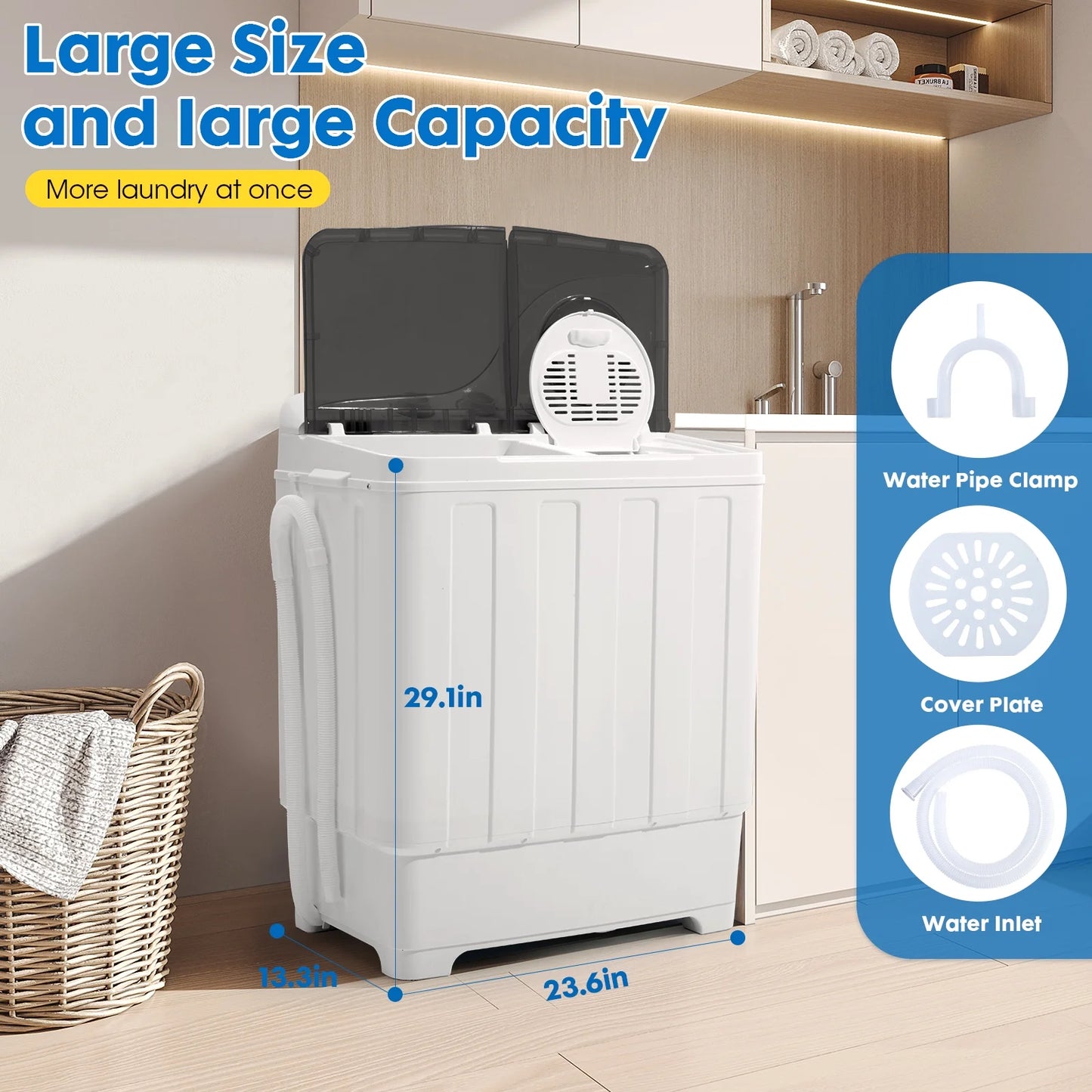 Artbros 28lbs Portable Twin Tub Washing Machine with Drain Pump, Compact Laundry Washer for Apartments, Dorms, Blue