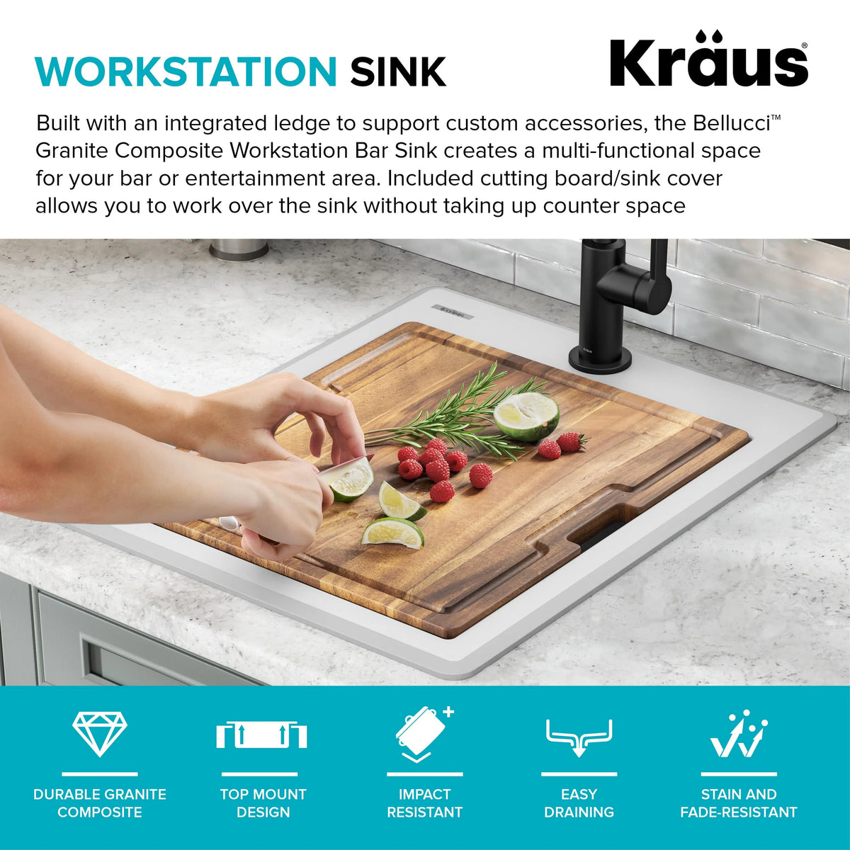 KRAUS Bellucci 18 Granite Composite Workstation Drop-In Top Mount Single Bowl Kitchen Bar Sink in White with Accessories