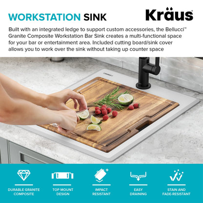 KRAUS Bellucci 18 Granite Composite Workstation Drop-In Top Mount Single Bowl Kitchen Bar Sink in White with Accessories