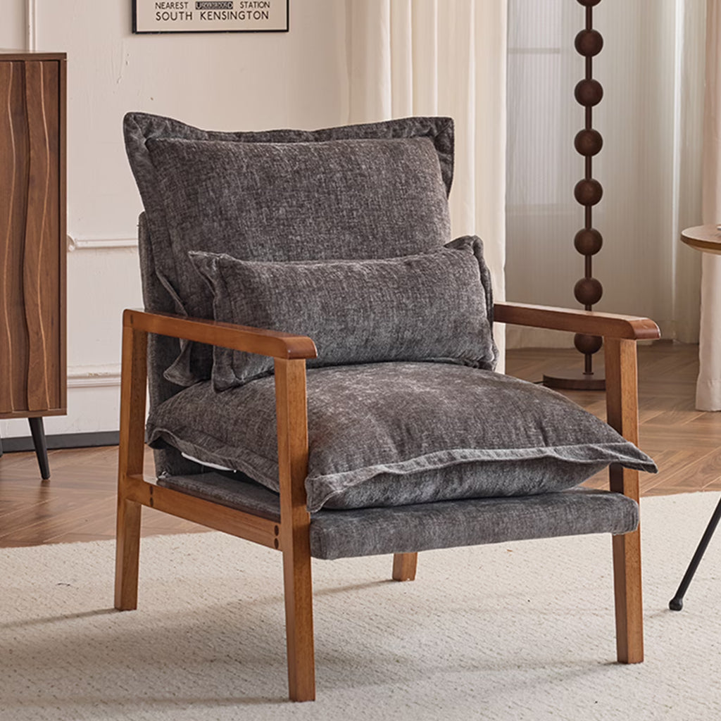 Ktaxon Chenille Accent Chair, Solid Wood Armrests Armchair, Metal Frame for Stability, Single Sofa with Comfortable Cushions and Lumbar Pillow Beige