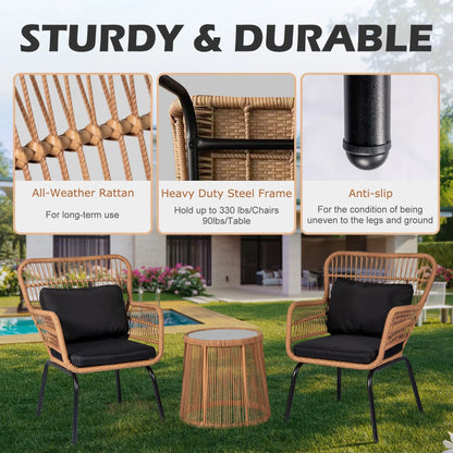 Tappio 3-Piece Patio Conversation Bistro Set Rattan Furniture, Outdoor Patio Set w/Glass Top Table & Cushions for Garden Balcony Backyard Poolside, Yellow/Beige