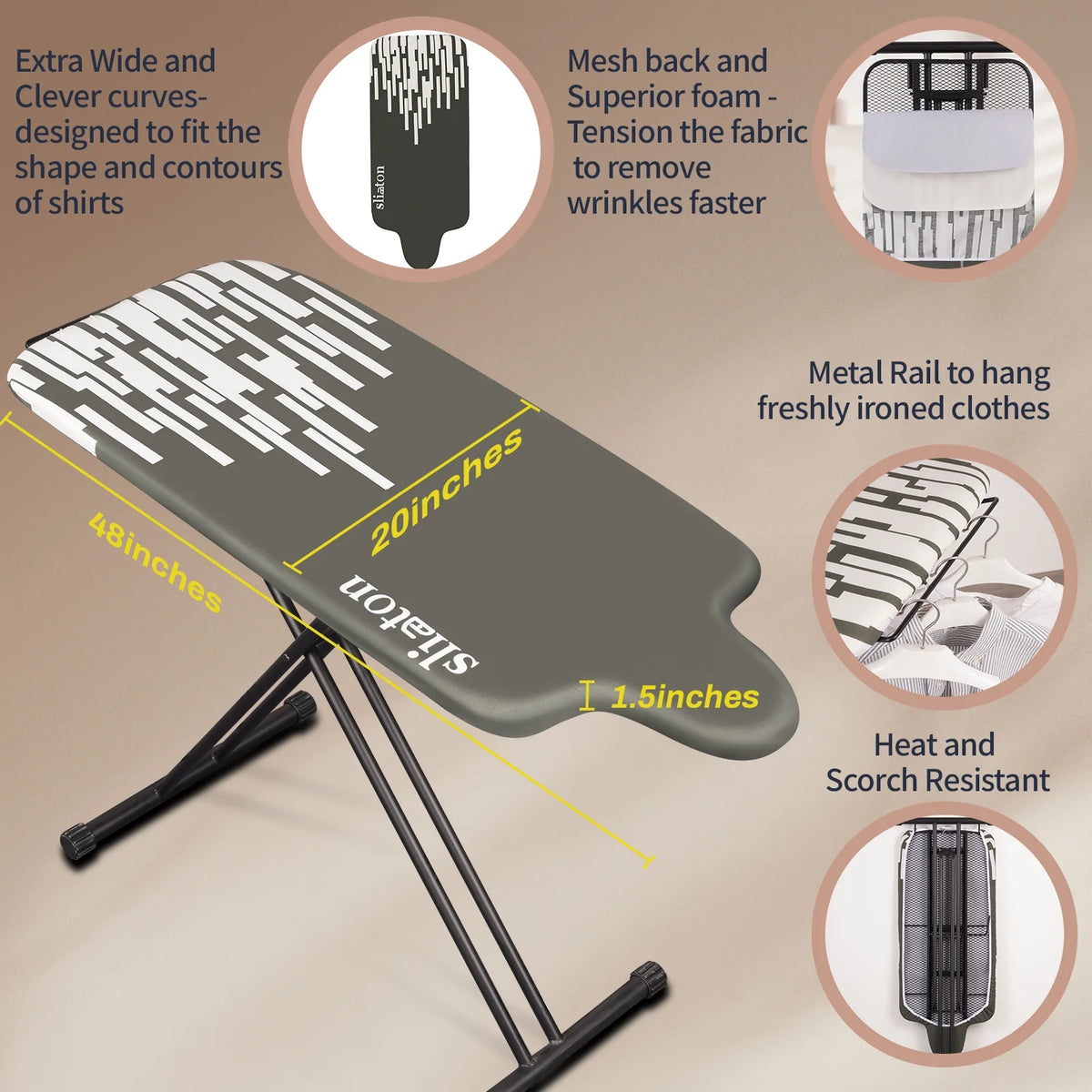 KDJ HOME Slieton Extra Large Ironing Board with Hang Rail, 20-Inch Wide