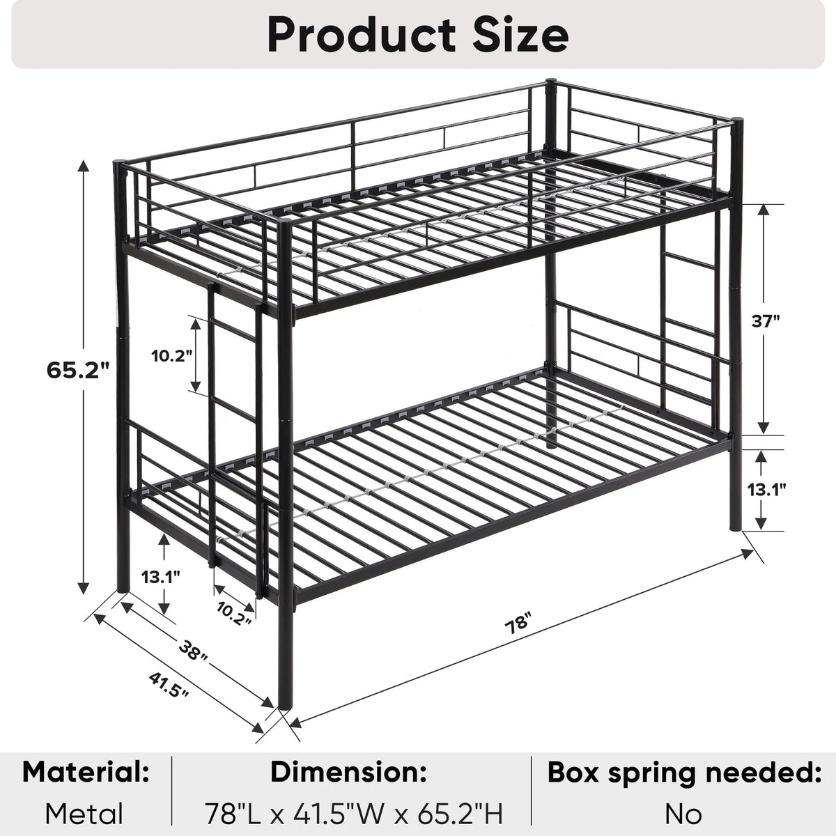 Miniyam Bunk Bed Twin Over Twin Size, Metal Bed Frame with 2 Ladders & Full-Length Guardrail, Noise Free, Black