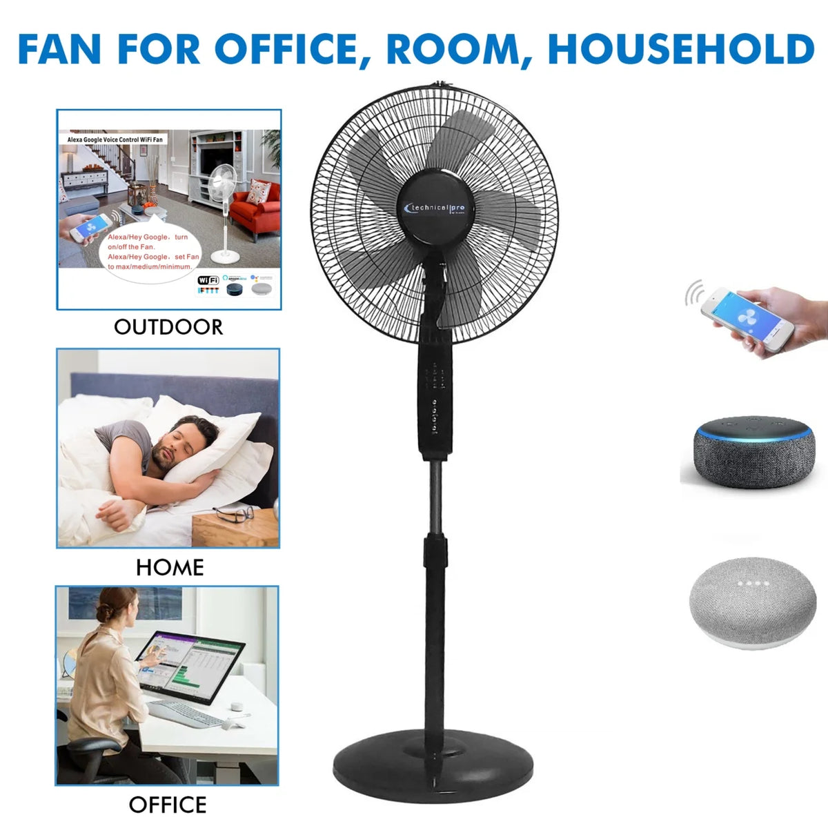 Technical Pro Smart WiFi 16 Inch Oscillating Pedestal Fan 3 Speed Black