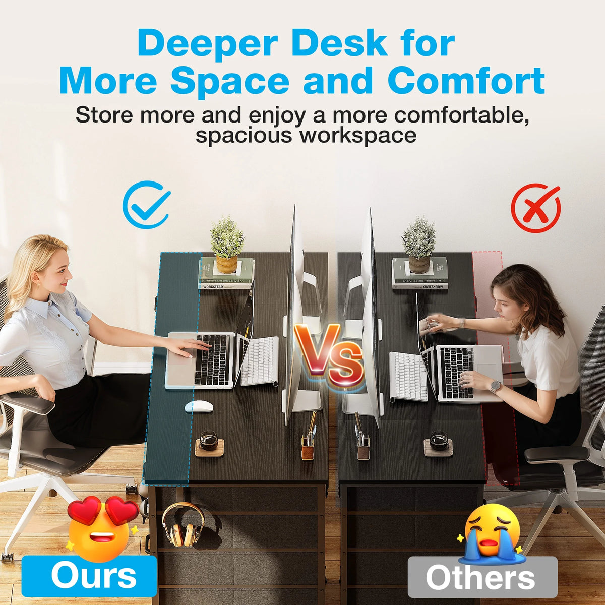 White Computer Desk with Drawers for Storage - 48 inch Home Office Desk with 8 Fabric Drawers, Writing Study Desk with Drawers on Both Sides for Bedroom