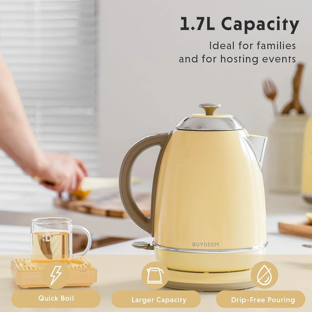 BUYDEEM K640N Stainless Steel Electric Kettle with Auto Shut-Off & Boil Dry Protection, 1.7L Cordless Hot Tea Water Boiler with Swivel Base, 1440W Fast Heating