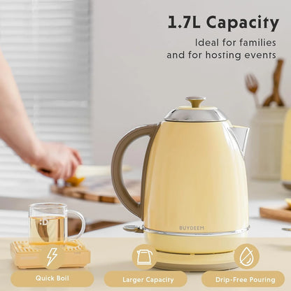 BUYDEEM K640N Stainless Steel Electric Kettle with Auto Shut-Off & Boil Dry Protection, 1.7L Cordless Hot Tea Water Boiler with Swivel Base, 1440W Fast Heating