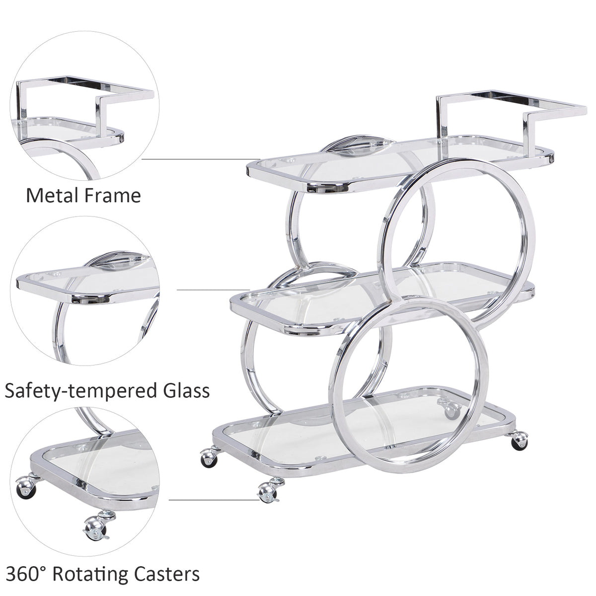 Home Bar Serving Carts 3 Tier Kitchen Carts on Wheels Mobile Bar Carts for Home Kitchen Dining Room Living Room Party, Chrome