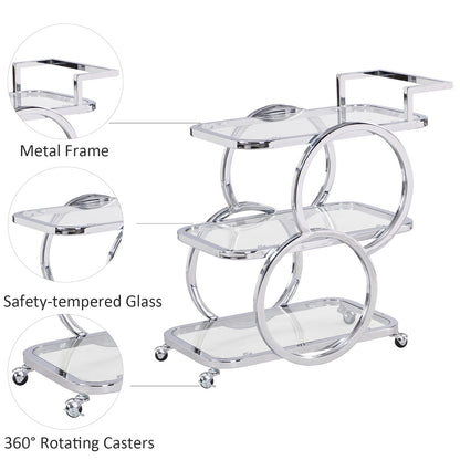Home Bar Serving Carts 3 Tier Kitchen Carts on Wheels Mobile Bar Carts for Home Kitchen Dining Room Living Room Party, Chrome