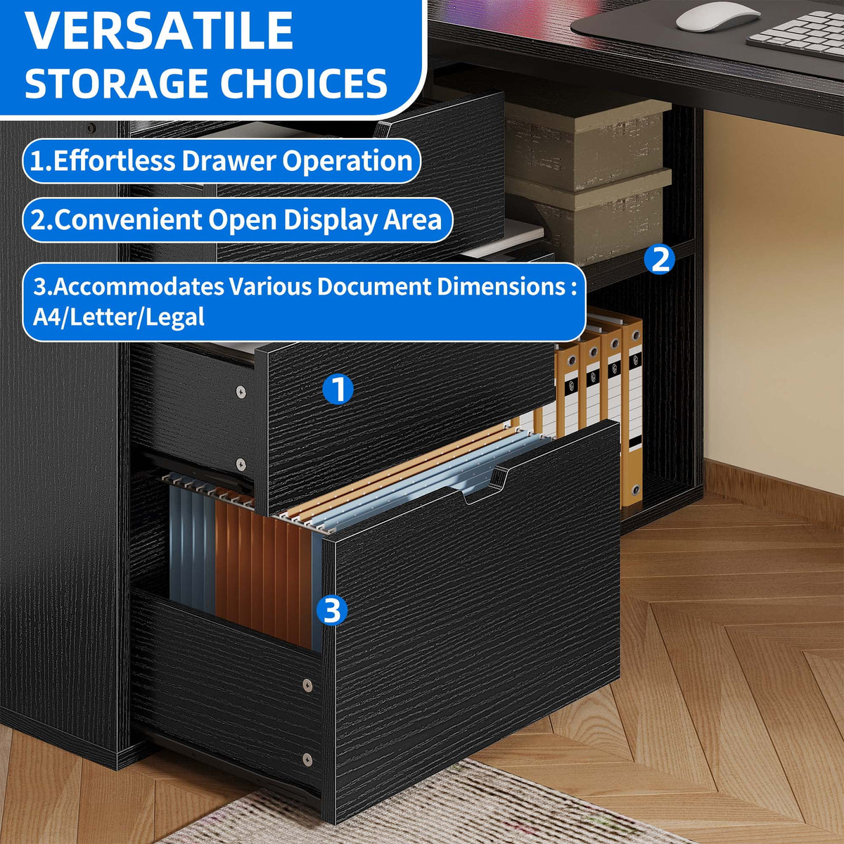 Dextrus L Shaped Desk with Power Outlets & LED Lights, Computer Desk with 3 Drawers and 3 Storage Shelves, White Office Desk Corner Desk for Home Office