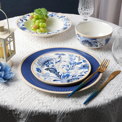STP GOODS Melodie de Fleurs Bone China Dinnerware Set of 24 Service for 6 24-Piece Dish Set of Plates and Bowls, Blue Gold White