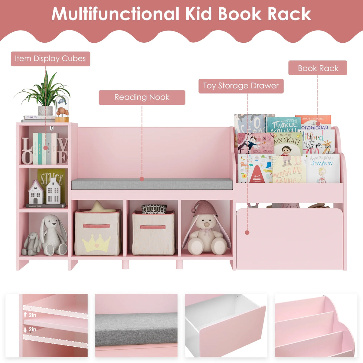 Homfa Kids Bookshelf with Reading Nook, 6 Shelf Bookcase with 1 Wood Toy Bin with 3 Tier Book Rack for Children Kidsroom