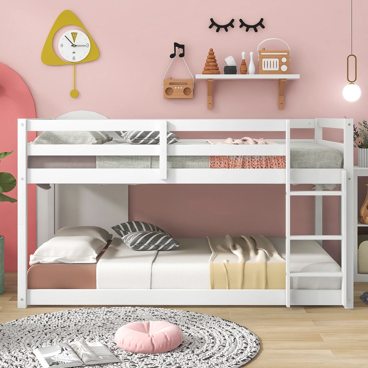 Twin Over Twin Floor Bunk Bed, UHOMEPRO Solid Wood Low Bunk Bed with Safety Rail, Ladder, Heavy Duty Bunk Beds, Space-Saving Bedroom Dorm Furniture, Gray