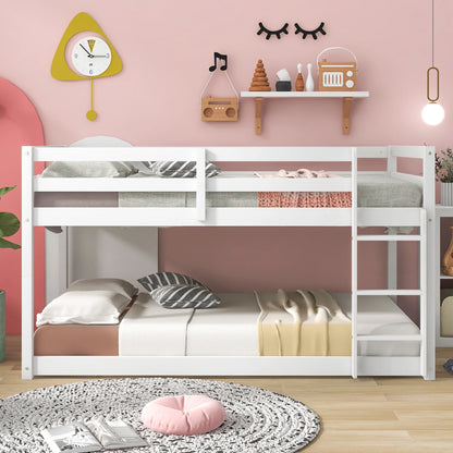 Twin Over Twin Floor Bunk Bed, UHOMEPRO Solid Wood Low Bunk Bed with Safety Rail, Ladder, Heavy Duty Bunk Beds, Space-Saving Bedroom Dorm Furniture, Gray