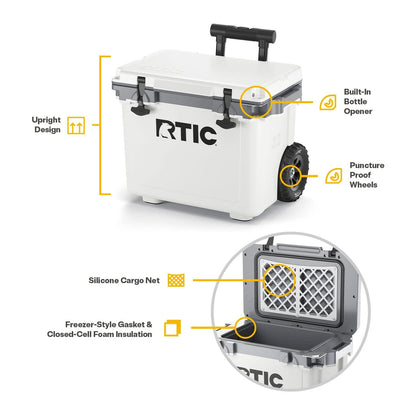 RTIC 22 QT Ultra-Light Wheeled Hard-Sided Ice Chest Cooler, Fits 28 Cans, 6 Wine Bottles, White & Grey