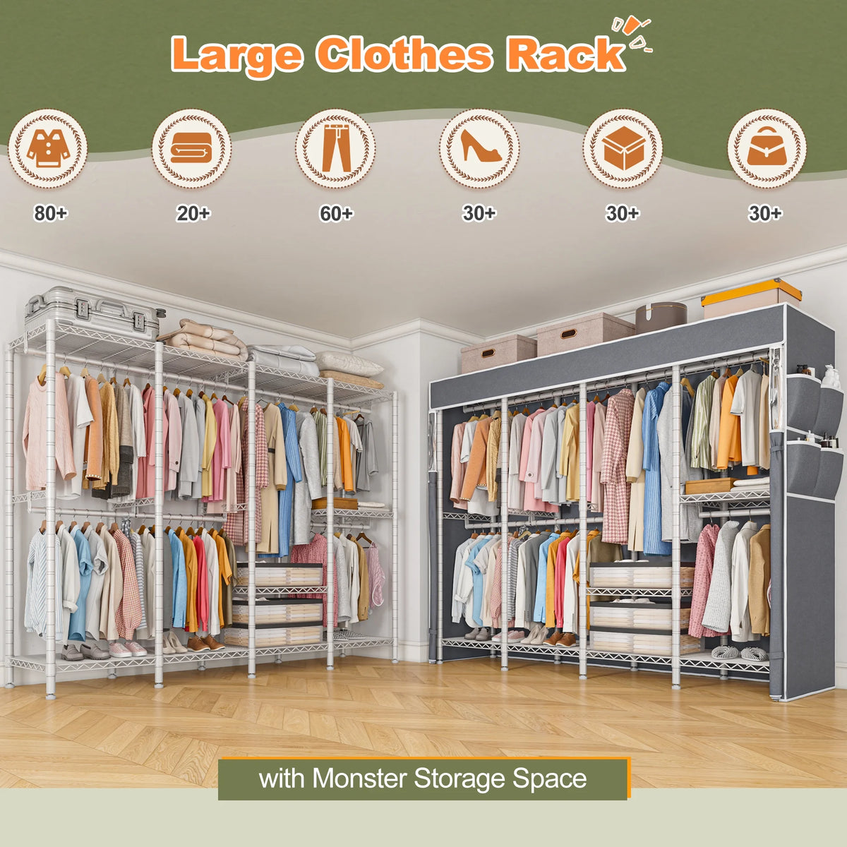 EnHomee 76"W Clothes Rack with Cover,1100LBS Heavy Duty Wardrobe Closet Organizer,Adjustable Portable Closet��Black