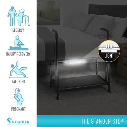 Stander Step Stool, Bed Step with Adjustable Hand Rails for Seniors and Elderly Adults, Extra Wide Heavy Duty Step Ladder, Stepping Stool with Grab Bars and Motion Activated Light, White
