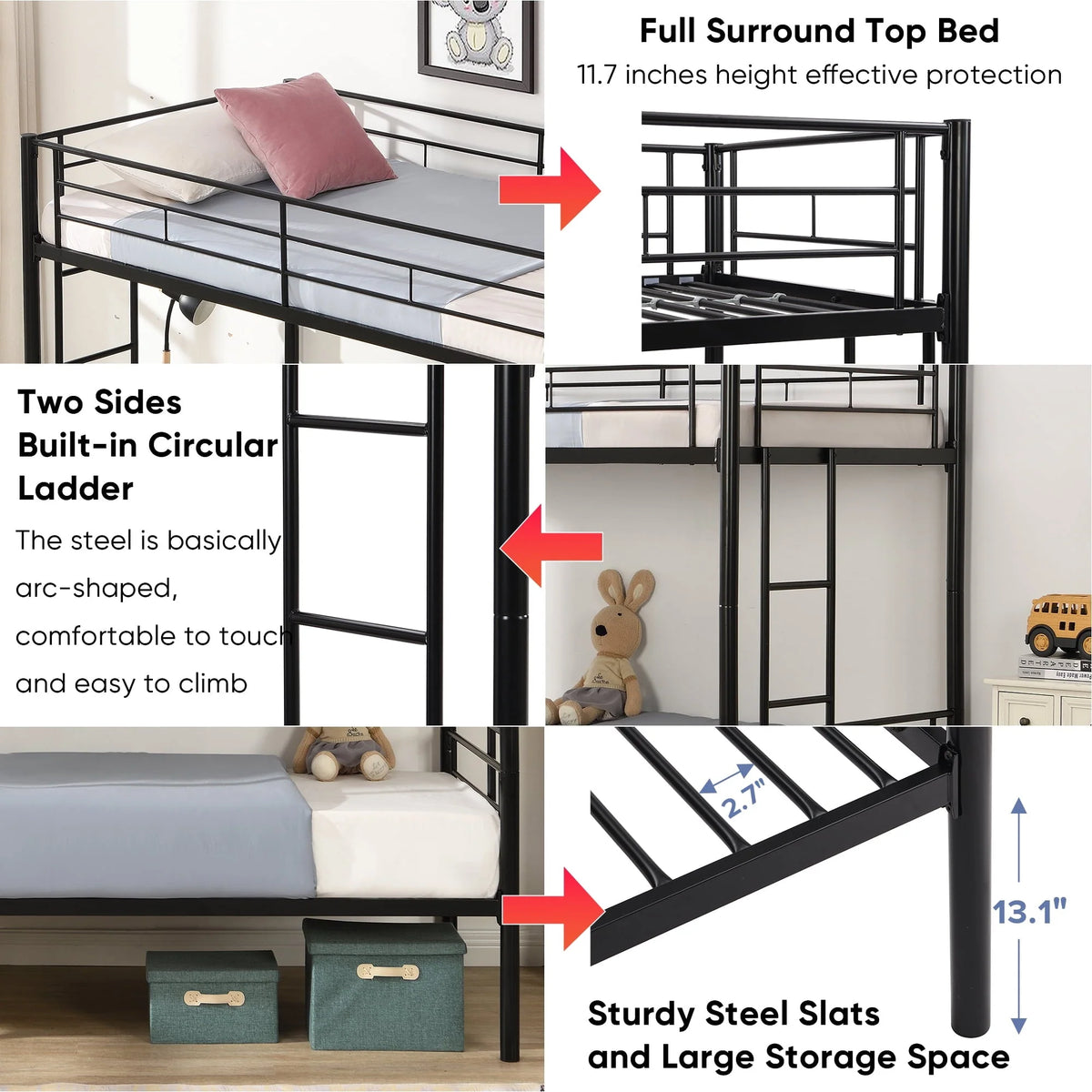 Miniyam Bunk Bed Twin Over Twin Size, Metal Bed Frame with 2 Ladders & Full-Length Guardrail, Noise Free, Black