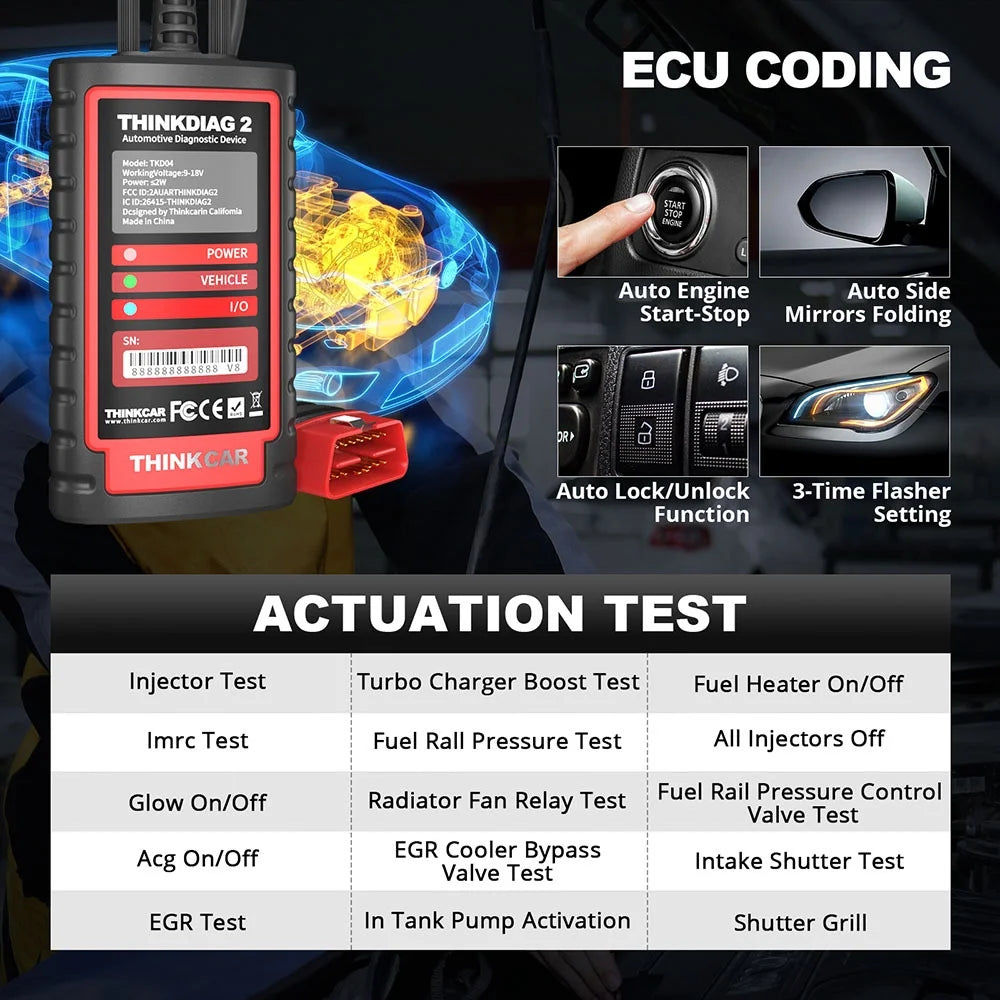 Thinkcar Thinkdiag 2 Obd Scanner Bluetooth Bidirectional Scan Tool Full System Diagnostic, 15+ Reset Functions, CAN-FD
