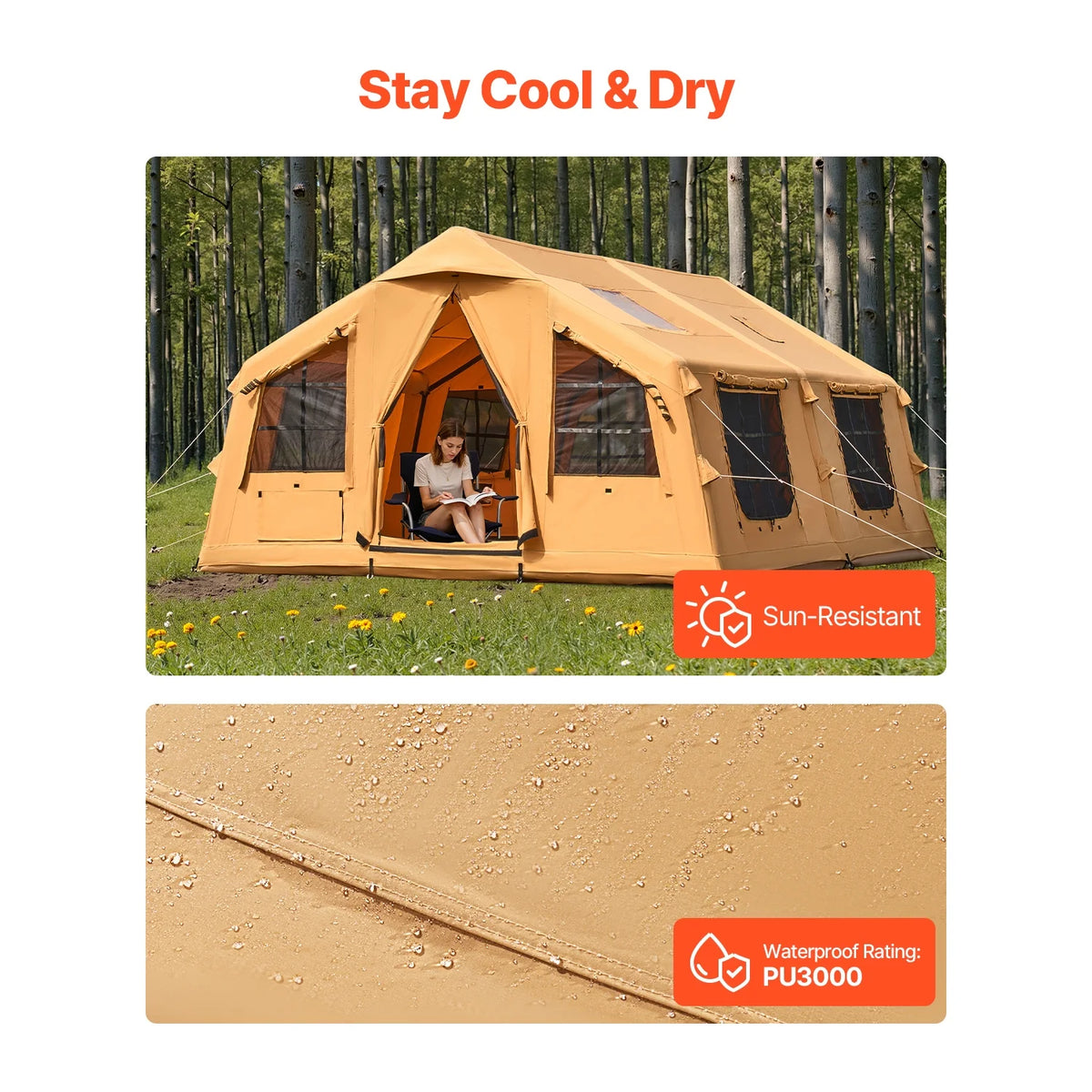 KFFKFF Inflatable Camping Tent for 8-12 Person, 15.75 x 11.81 x 7.22 Ft Glamping Blow up Tent with Hand Pump, Waterproof Air Tent, All-Weather Camping Shelter with Dual Sunroofs, Stove Jack