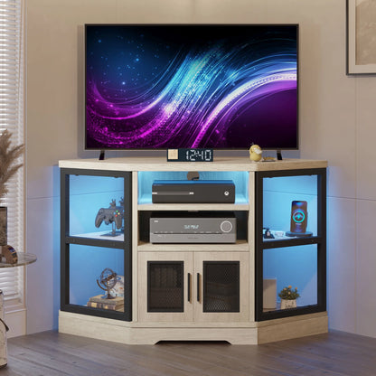 Dextrus Farmhouse Corner TV Stand for TVs up to 55 inch with Power Outlet, Wood Entertainment Center, TV Media Console with Storage, White Oak