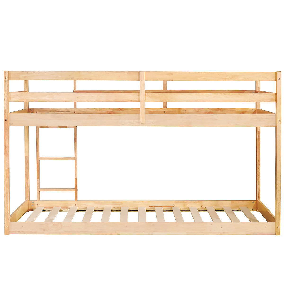 Twin Over Twin Floor Bunk Bed, UHOMEPRO Solid Wood Low Bunk Bed with Safety Rail, Ladder, Heavy Duty Bunk Beds, Space-Saving Bedroom Dorm Furniture, Gray