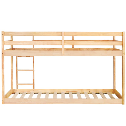 Twin Over Twin Floor Bunk Bed, UHOMEPRO Solid Wood Low Bunk Bed with Safety Rail, Ladder, Heavy Duty Bunk Beds, Space-Saving Bedroom Dorm Furniture, Gray