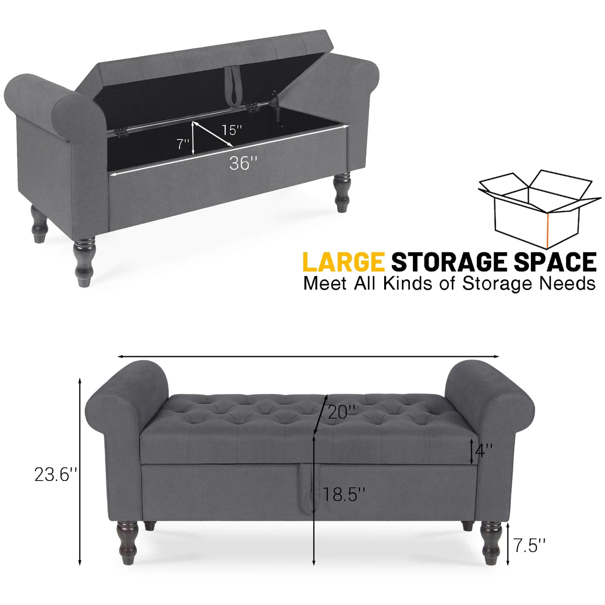 Storage Bench with Upholstered Rolled Arm Ottoman Bench Couch w/ Solid Wood Legs for Bedroom End of Bed,and Living room,Gray