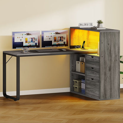 Dextrus L Shaped Desk with Power Outlets & LED Lights, Computer Desk with 3 Drawers and 3 Storage Shelves, White Office Desk Corner Desk for Home Office