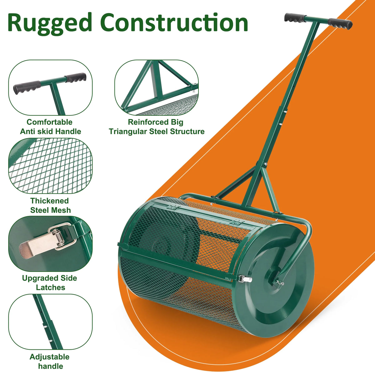 MUCHANT 24" Compost Spreader, Heavy-Duty Metal Mesh Spreader with Adjustable Handle for Lawn, Green